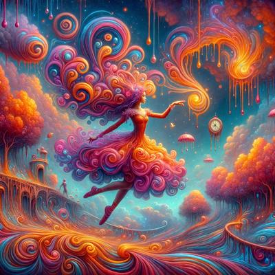 The primary subject of the image is a woman with long hair, dressed in a pink dress, and she is flying through the air. The setting is a colorful, whimsical, and surreal environment, with a clock and a pink umbrella visible in the background. The visual style is a digital art or illustration, with a vibrant and imaginative color palette. The overall atmosphere is one of fantasy and creativity.